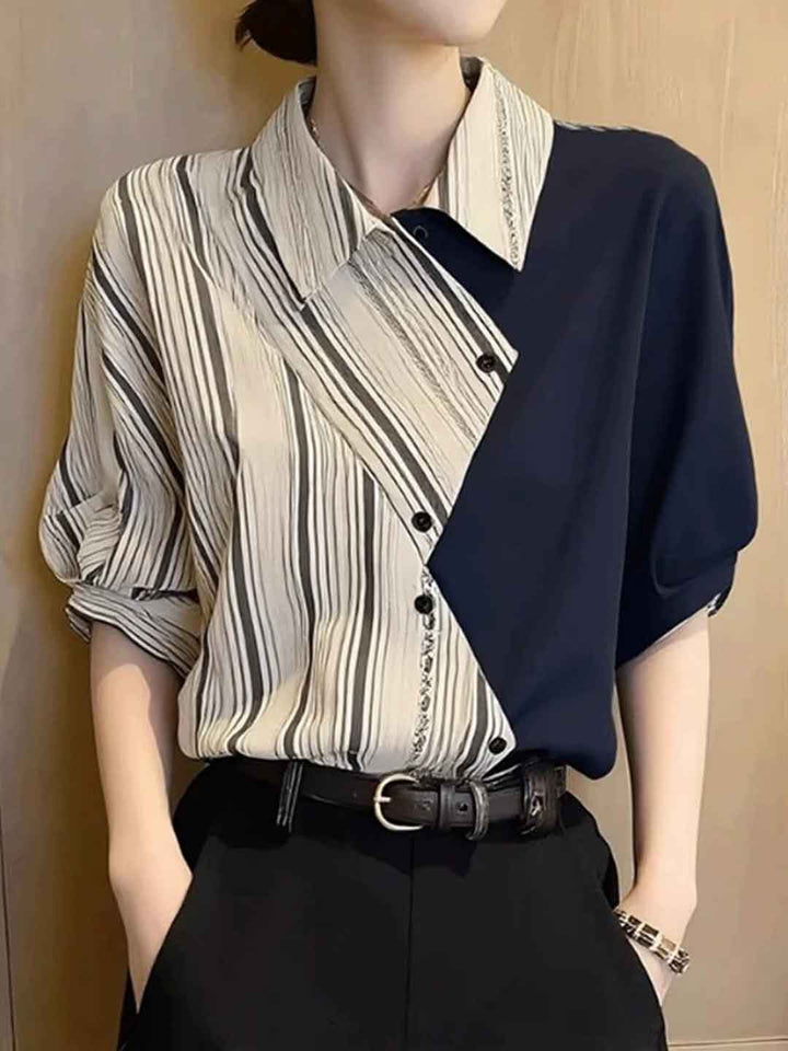 Sophia Classic Lapel Color-Blocked Striped Shirt