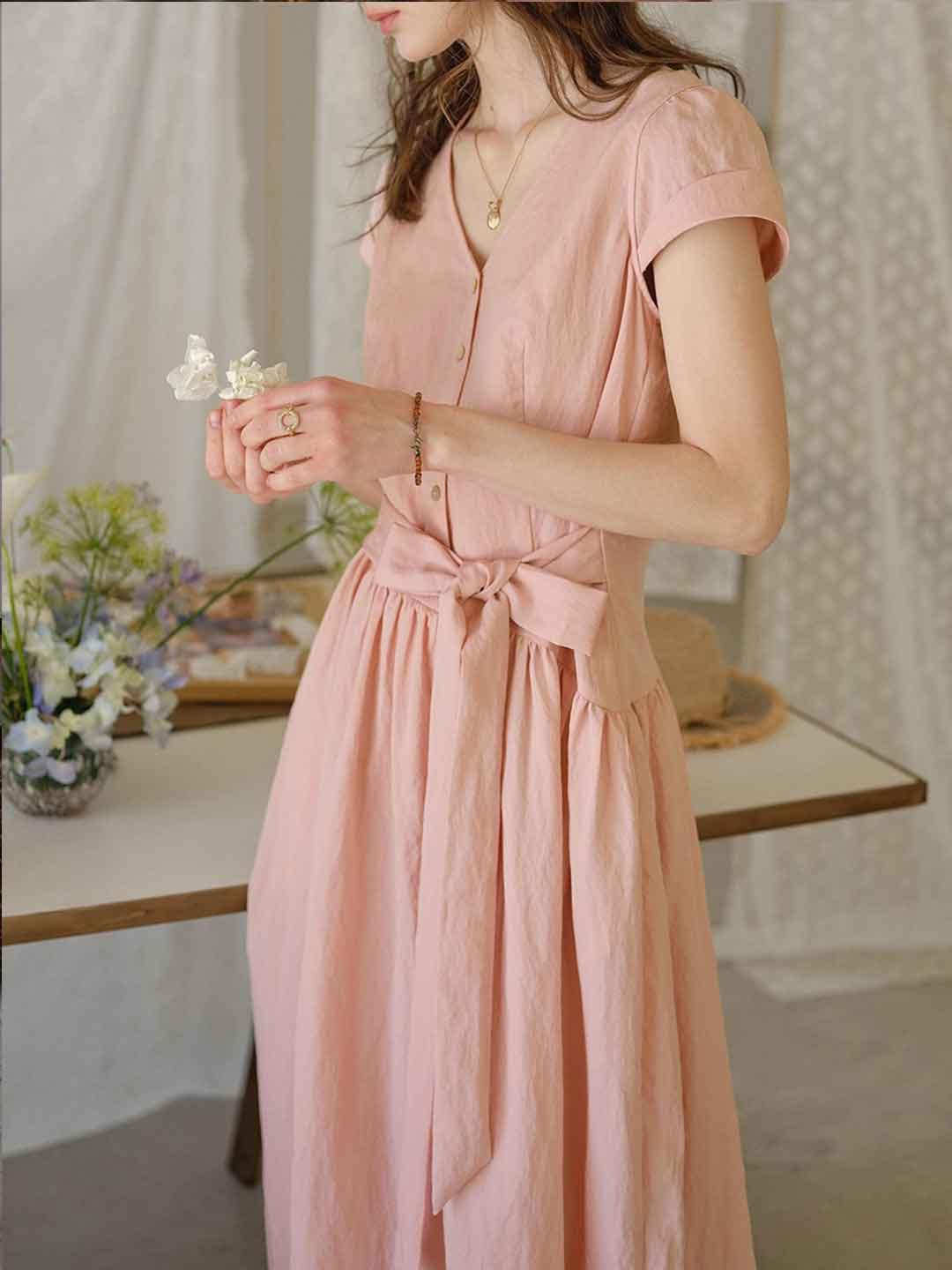 Taylor Elegant V-Neck Waisted Tie Dress
