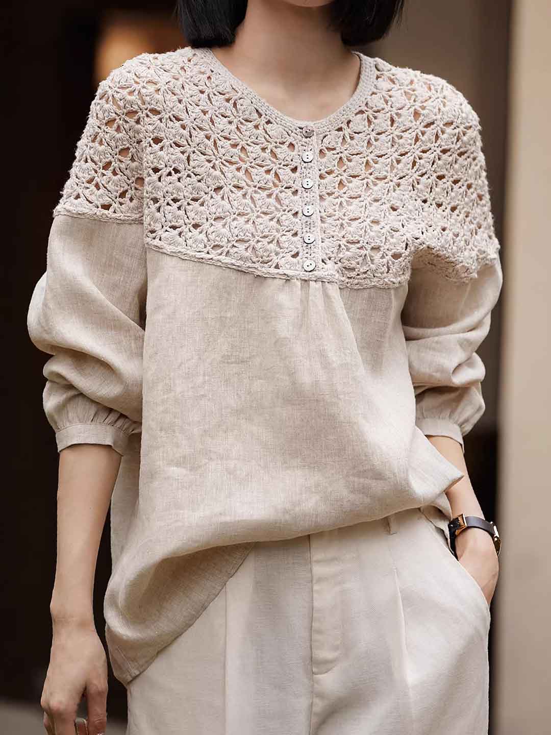 Natalie Loose Crew Neck Hollowed Crochet Top