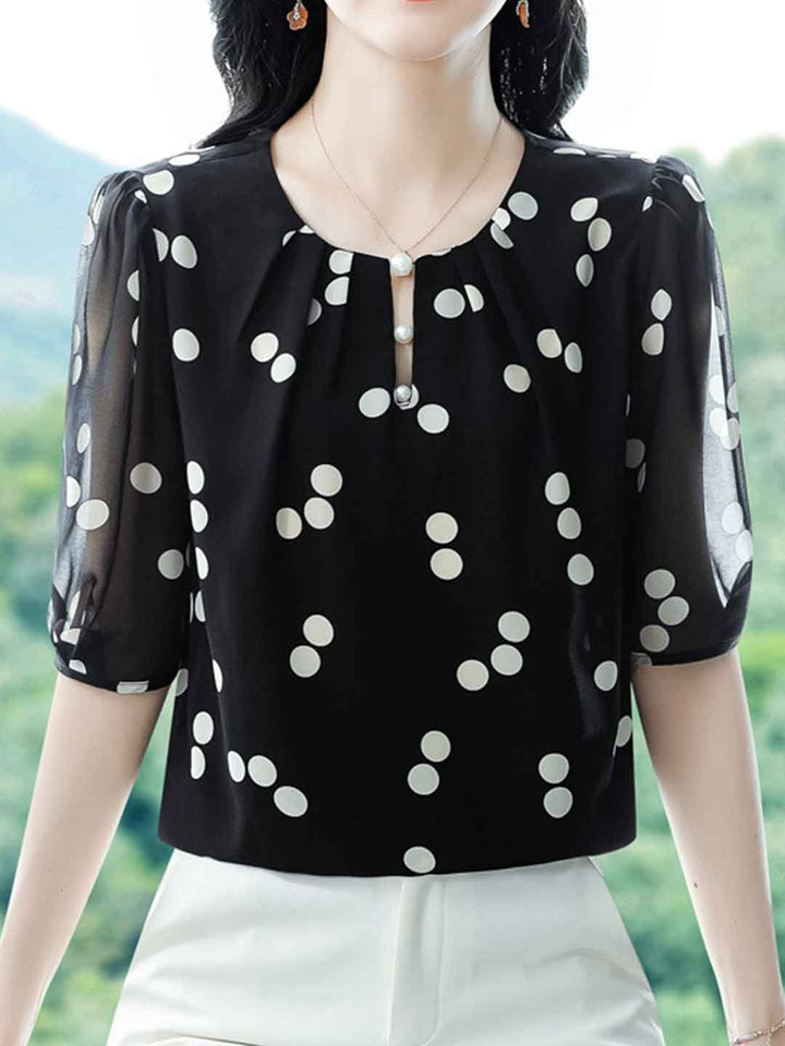 Melanie Loose Crew Neck Puff Sleeve Polka Dot Chiffon Top