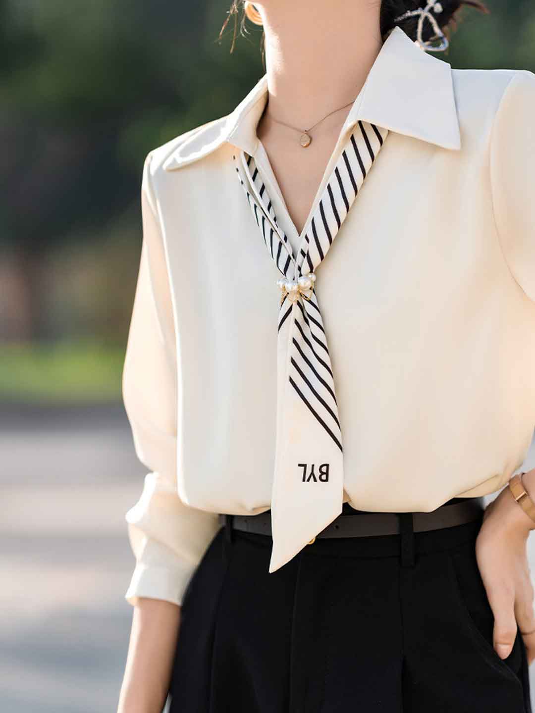 Olivia Lapel Solid Color Satin Ribbon Shirt