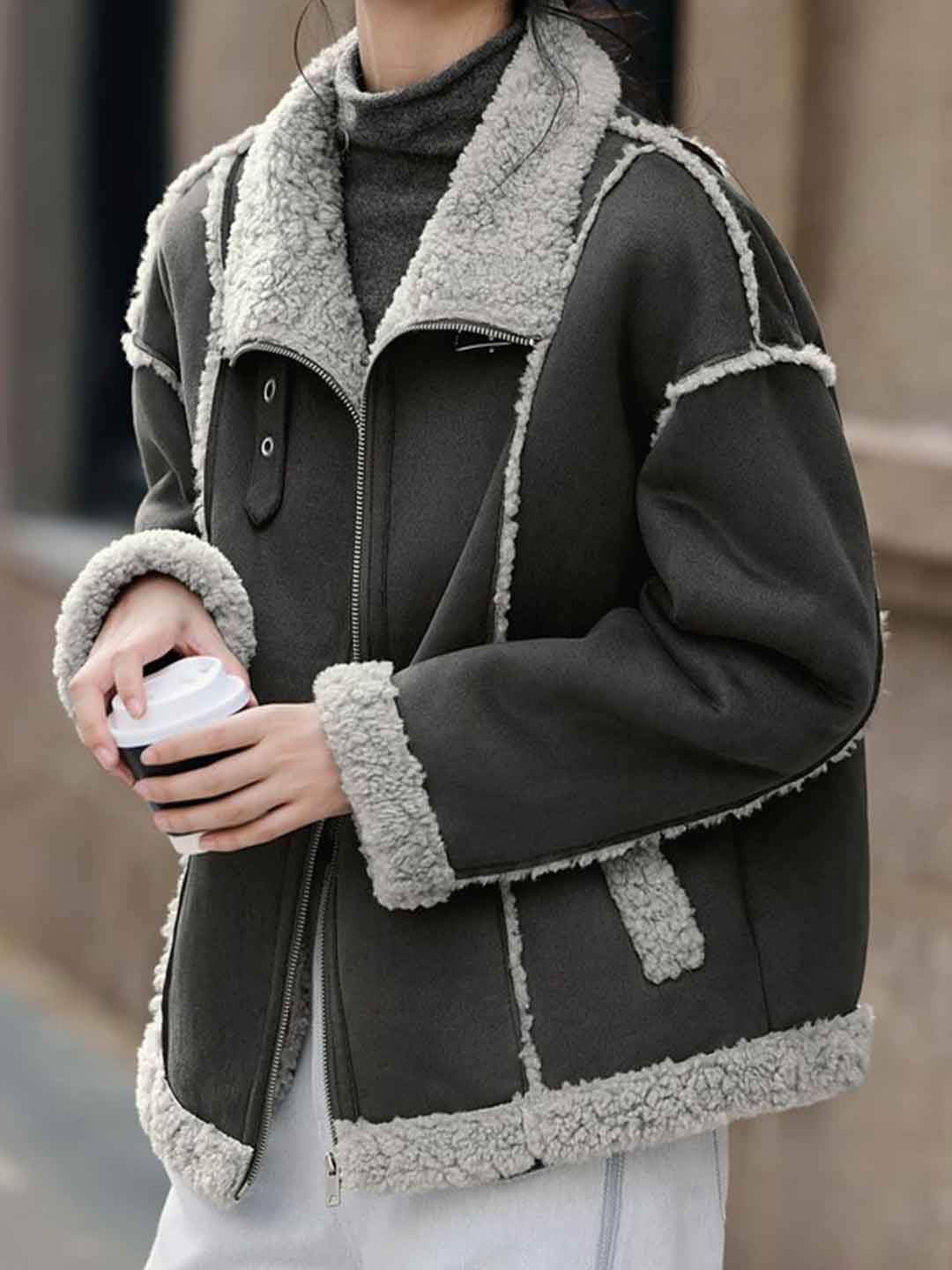 Natalie Retro Lapel Color-Blocked Suede Jacket