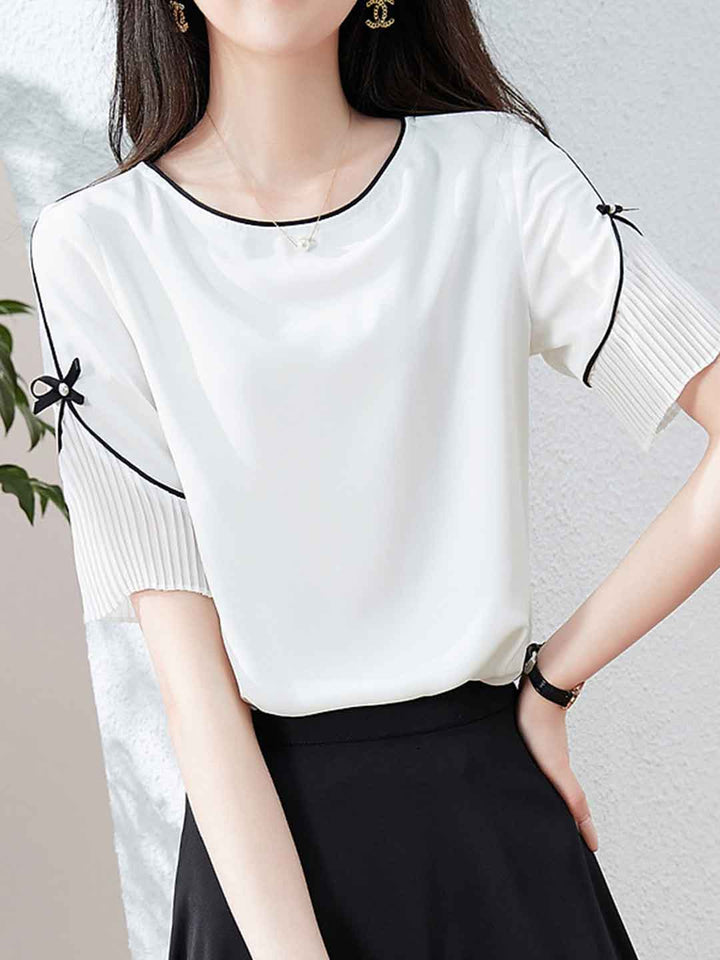 Caroline Elegant Crew Neck Bow Chiffon Top