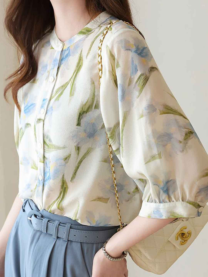 Nevaeh Loose Crew Neck Printed Chiffon Shirt