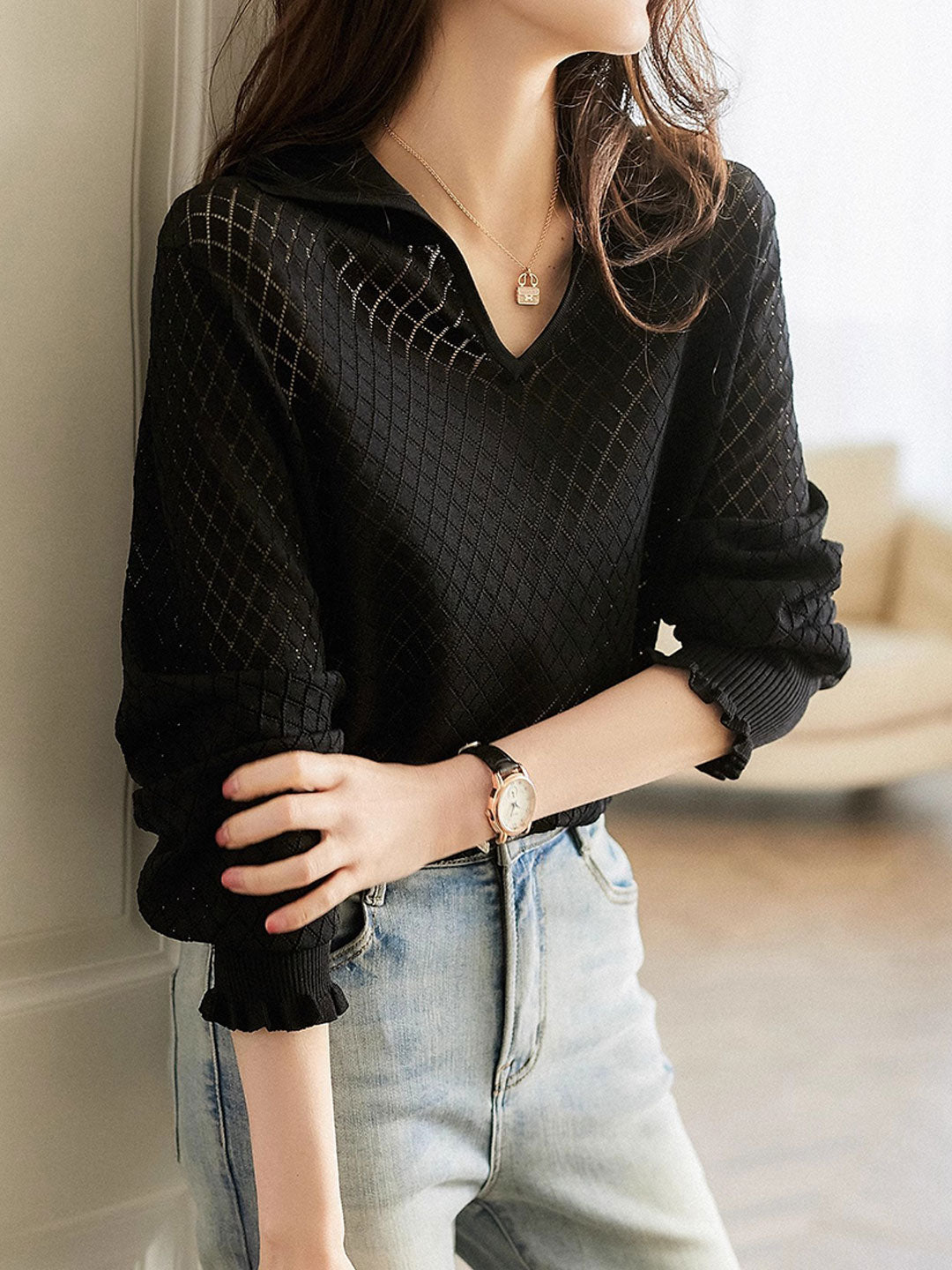 Ashley Classic V-Neck Hollow Solid Color Knitted Top-Camel