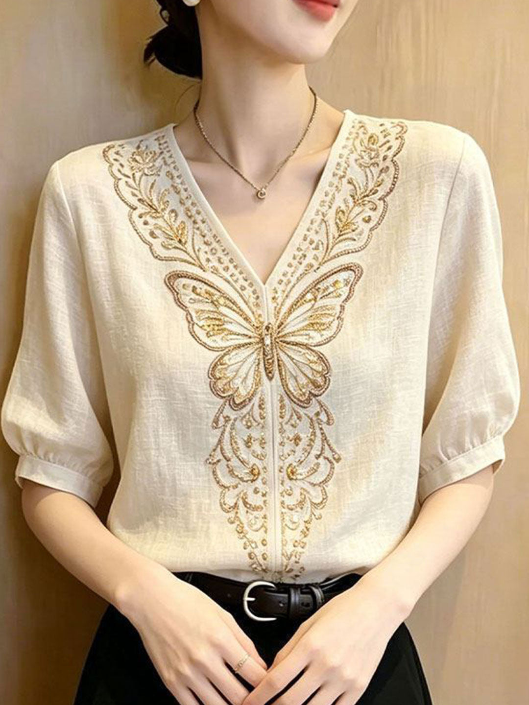 Anna Retro V-neck Embroidered Top