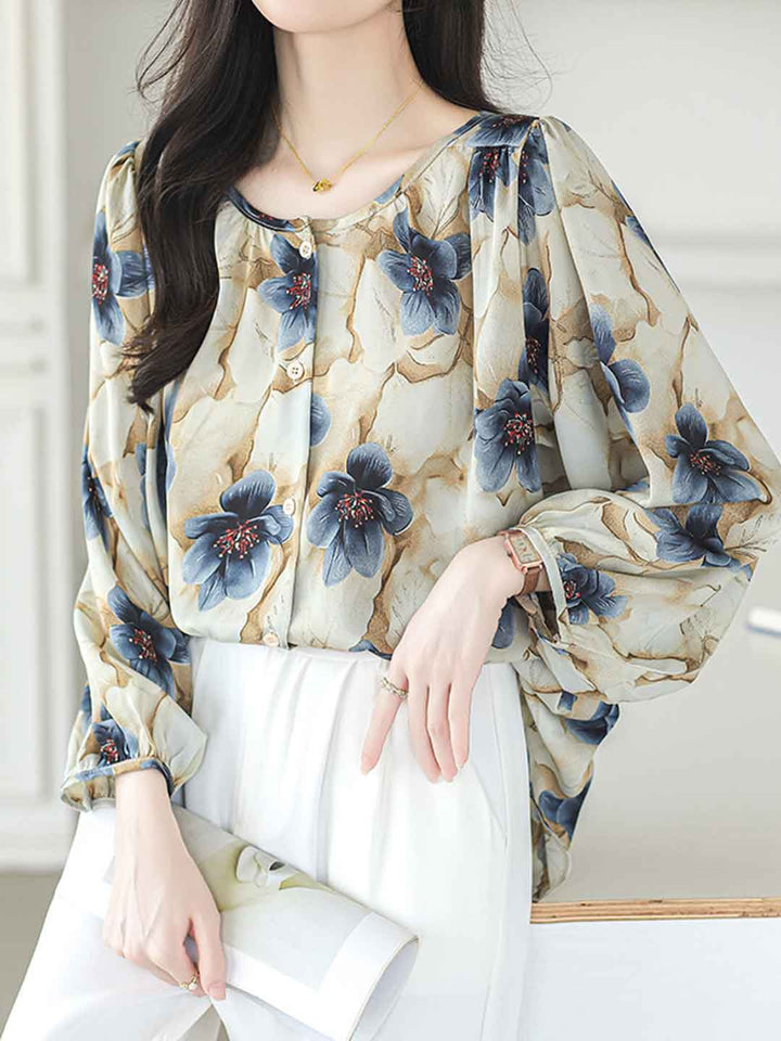Evelyn Loose Crew Neck Printed Chiffon Top