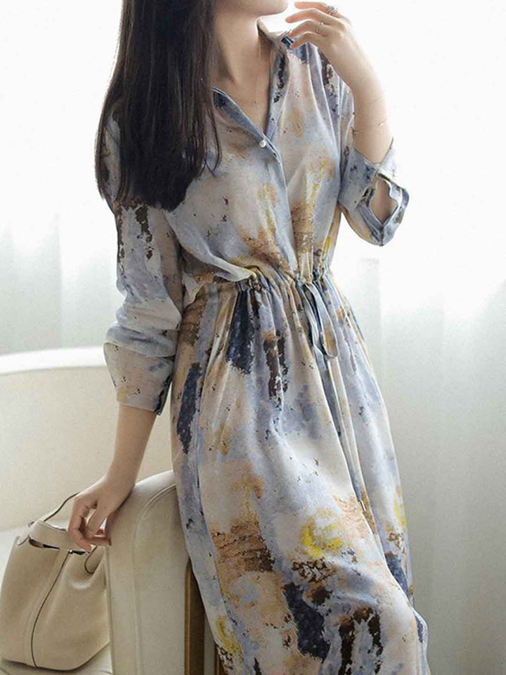 Natalie Classic Lapel Floral Printed Chiffon Dress