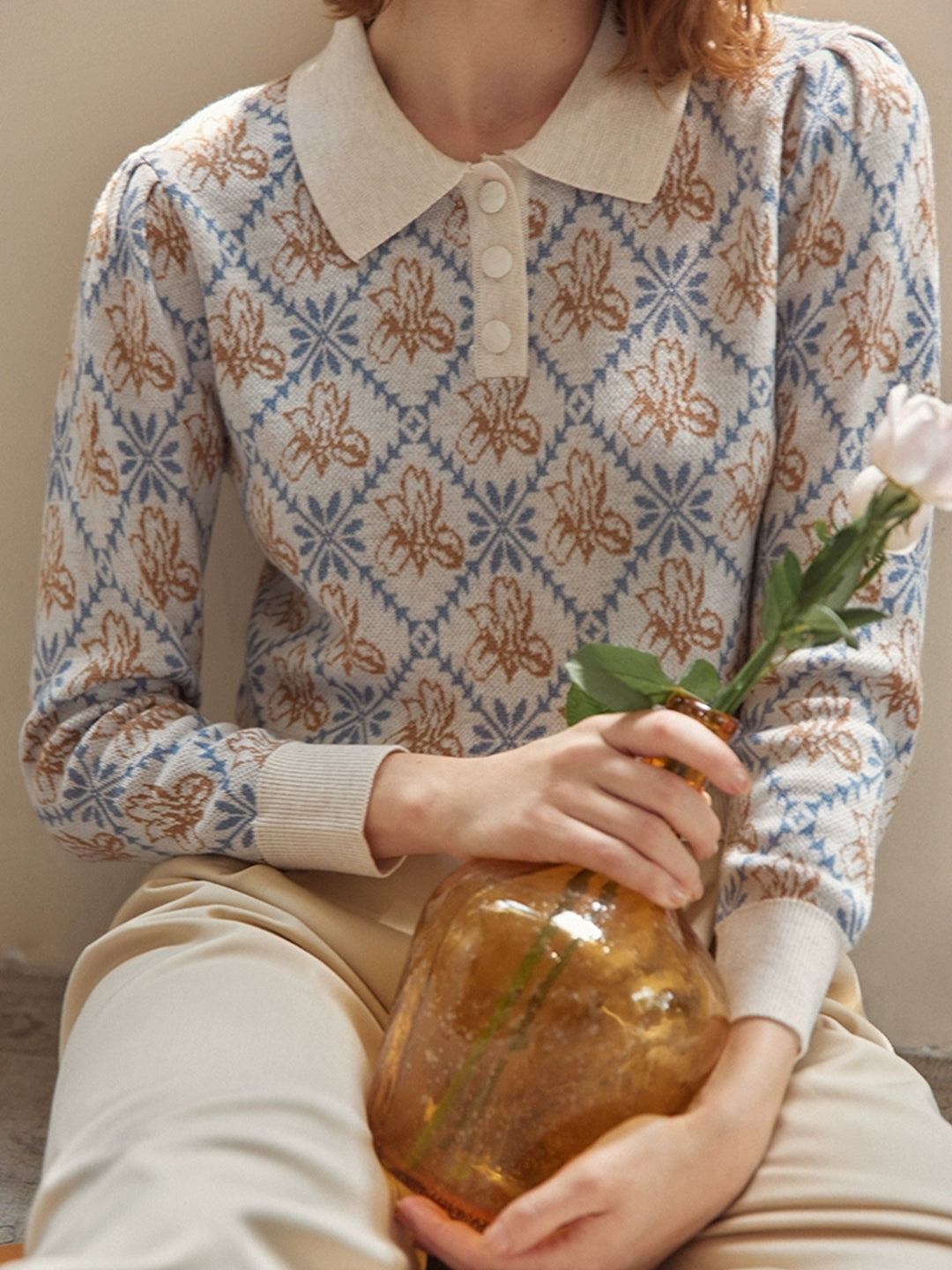 Roselili Slim Fit Knit Pullover-Beige