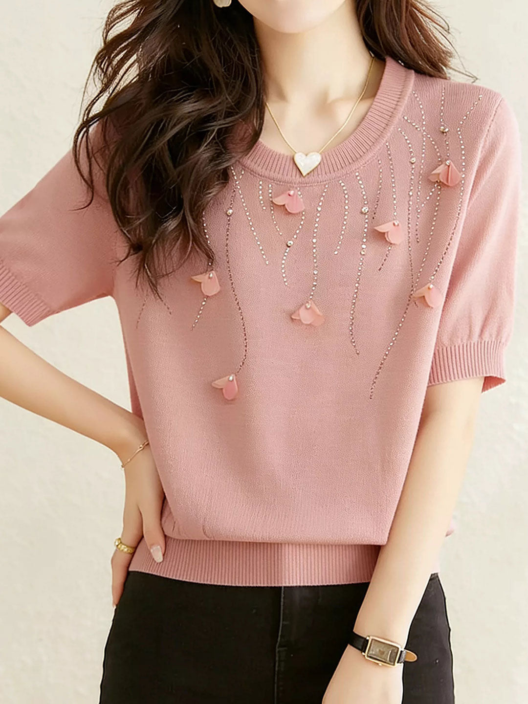 Maria Classic Crew Neck Rhinestone Flower Knitted Top