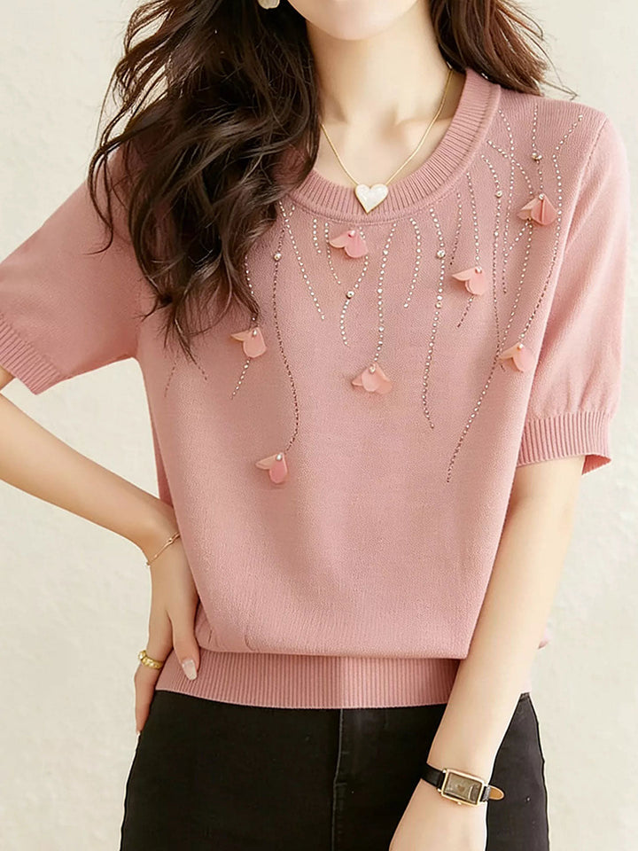 Maria Classic Crew Neck Rhinestone Flower Knitted Top