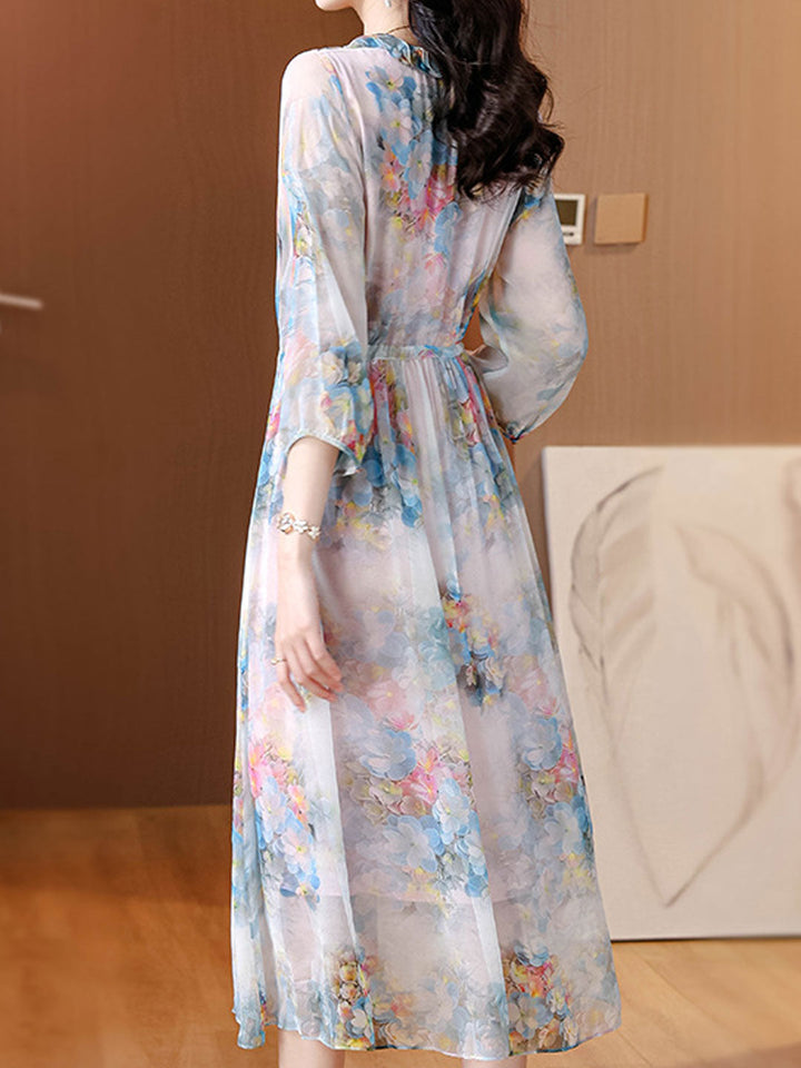 Natalie Elegant V-Neck Chiffon Printed Dress