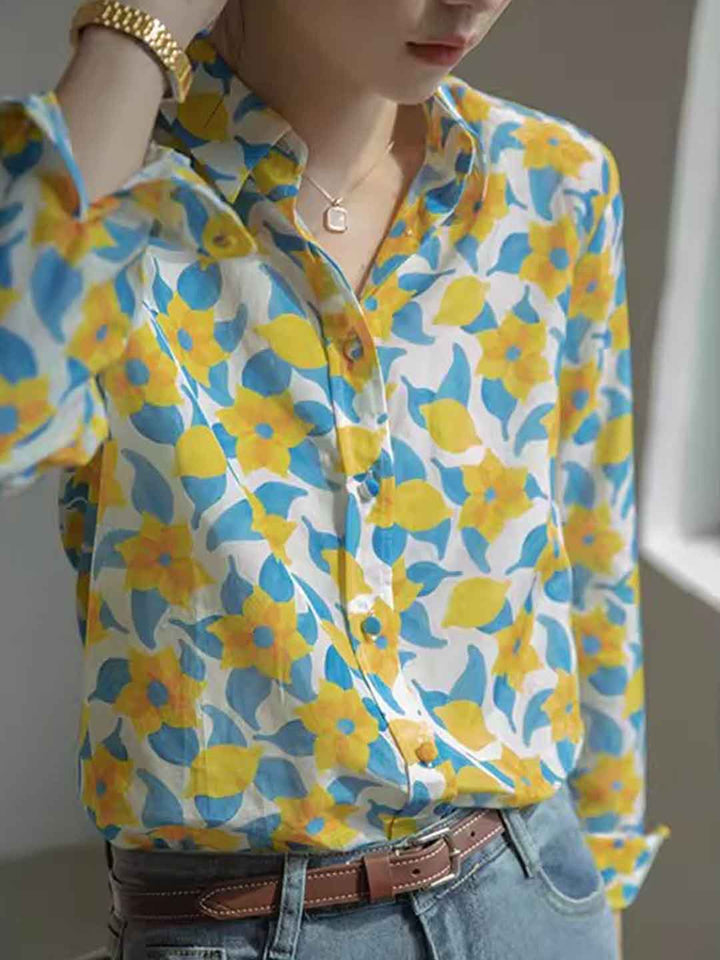 Claire Retro Lapel Color-Blocked Printed Shirt