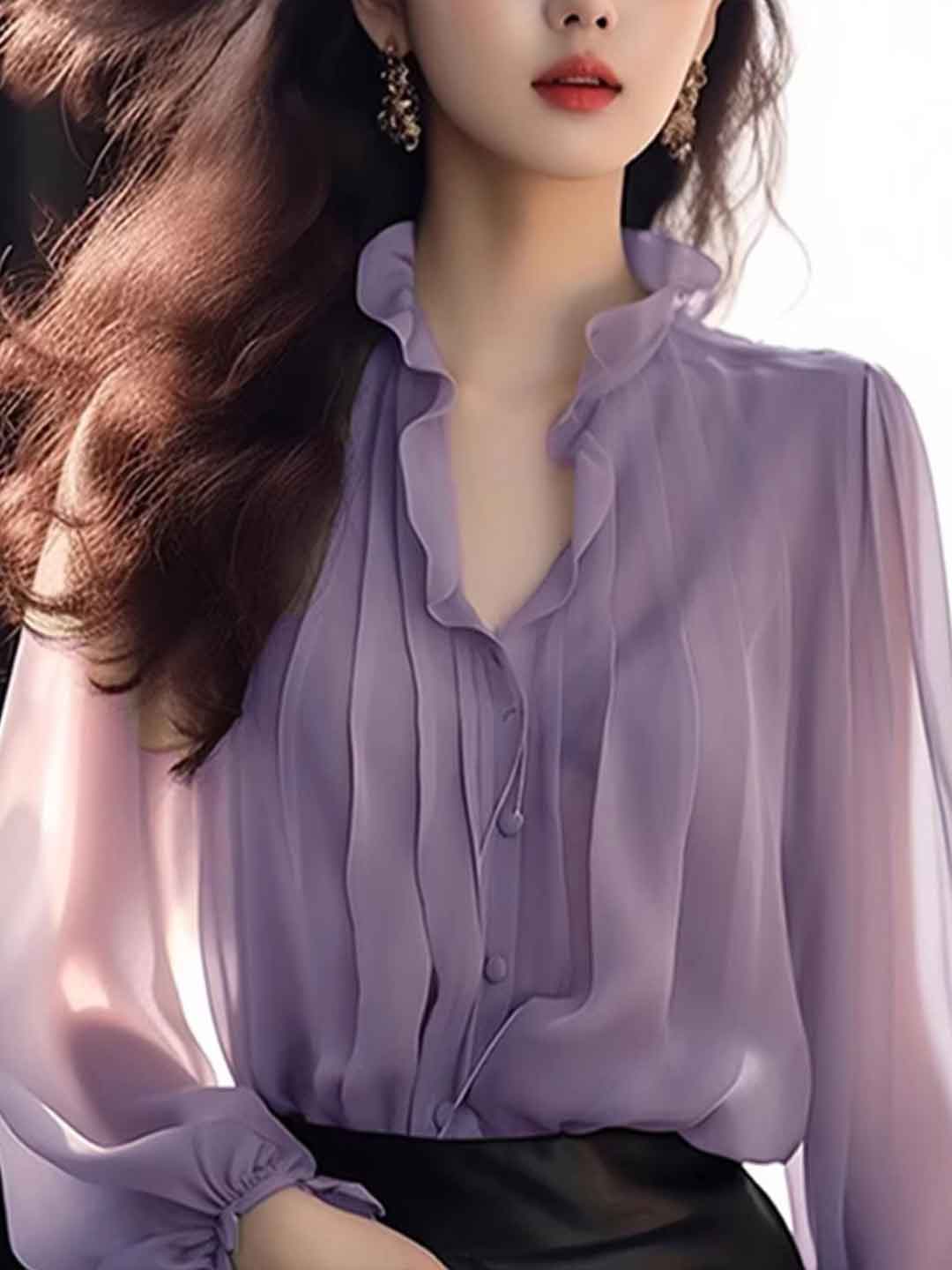 Sophia Chic Ruffled Collar Lantern Sleeve Chiffon Blouse