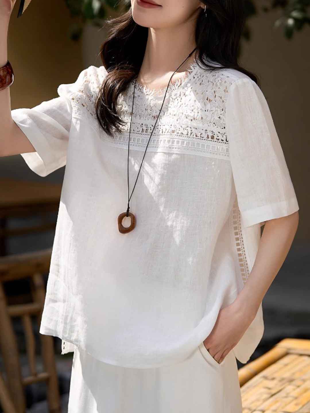 Anna Retro Crew Neck Lace Top