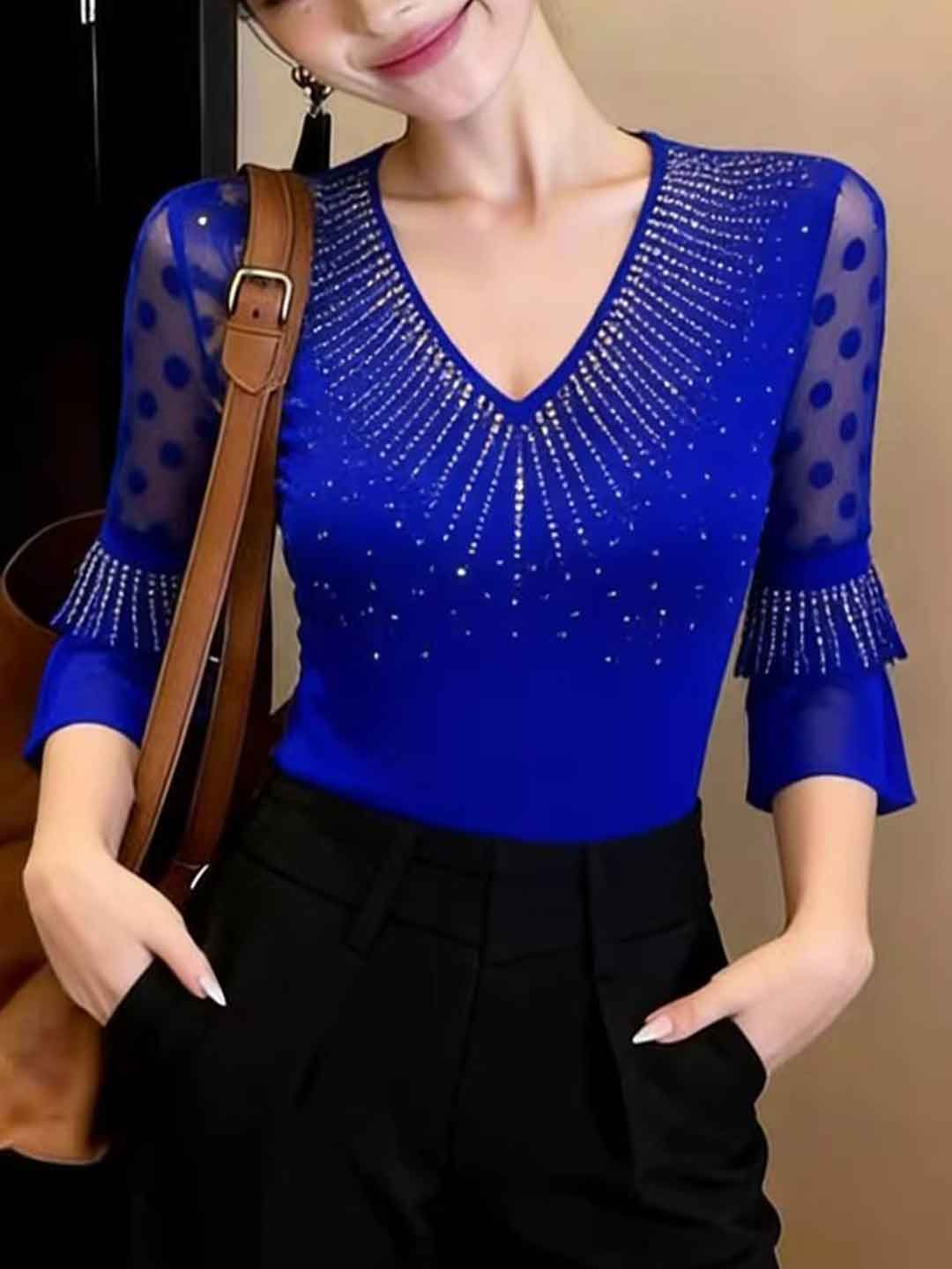Alyssa Classic V-Neck Mesh Hollowed Rhinestone Top