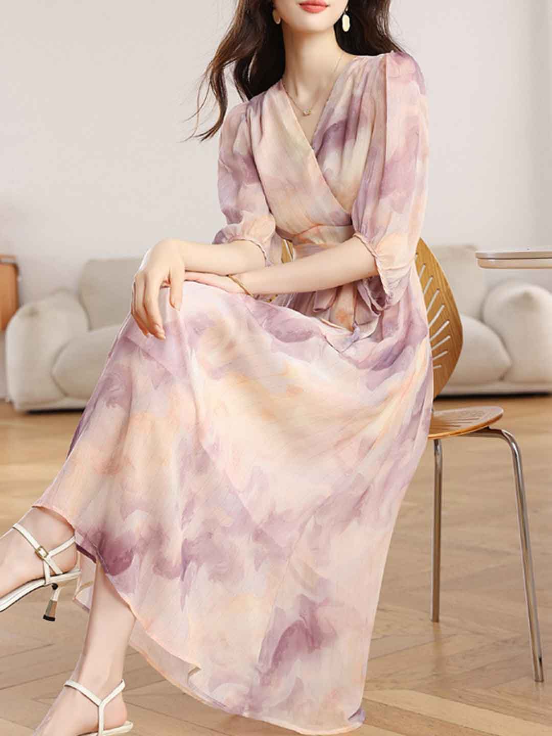 Natalie Vacation V-Neck Puff Sleeve Tie Printed Dress