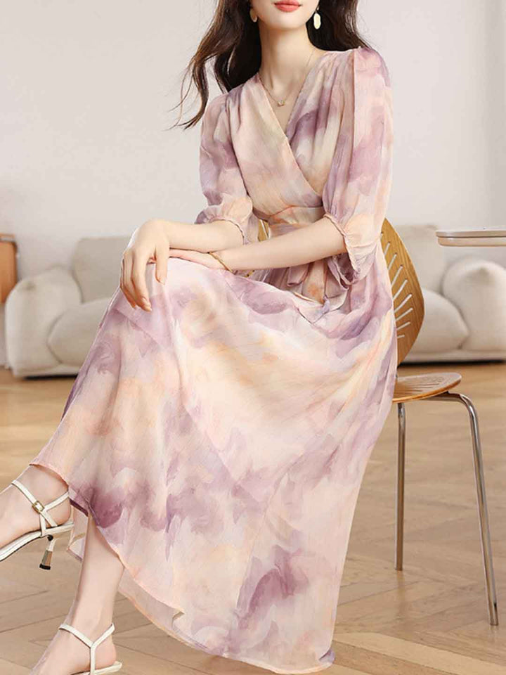 Natalie Vacation V-Neck Puff Sleeve Tie Printed Dress