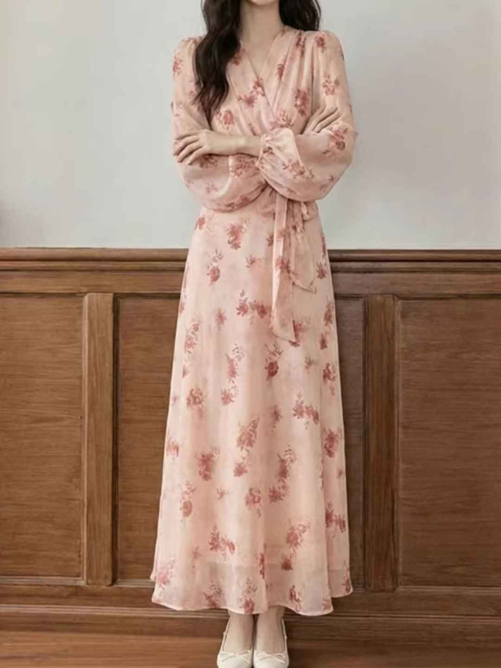 Lillian Elegant V-Neck Tie Chiffon Printed Dress
