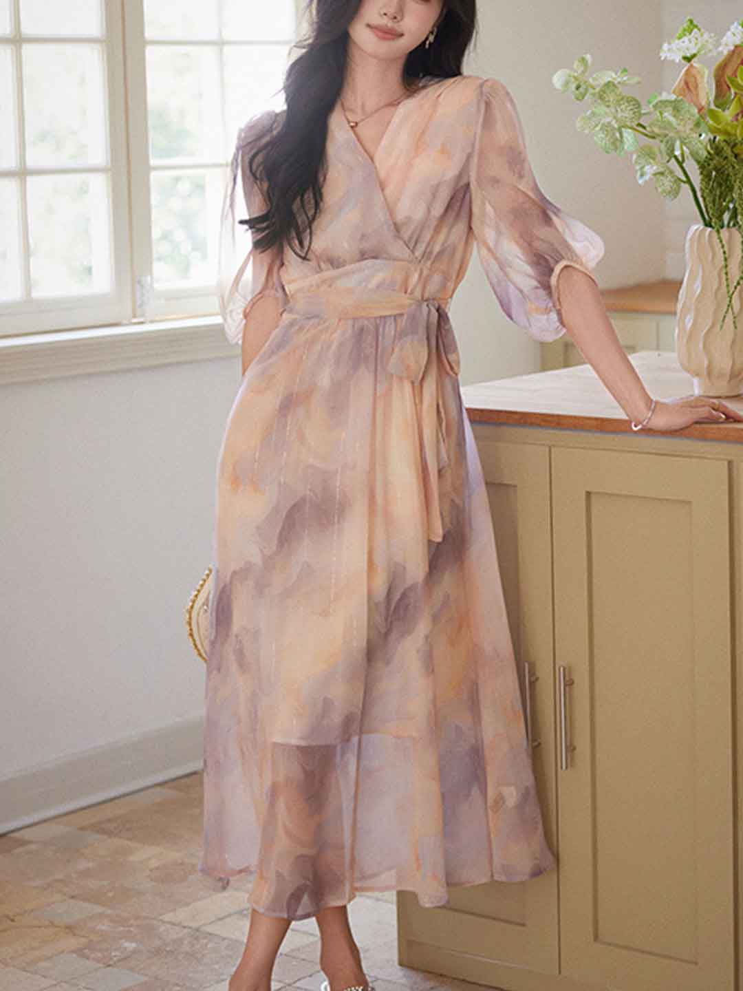 Abigail Classic V-Neck Floral Printed Tie Dress