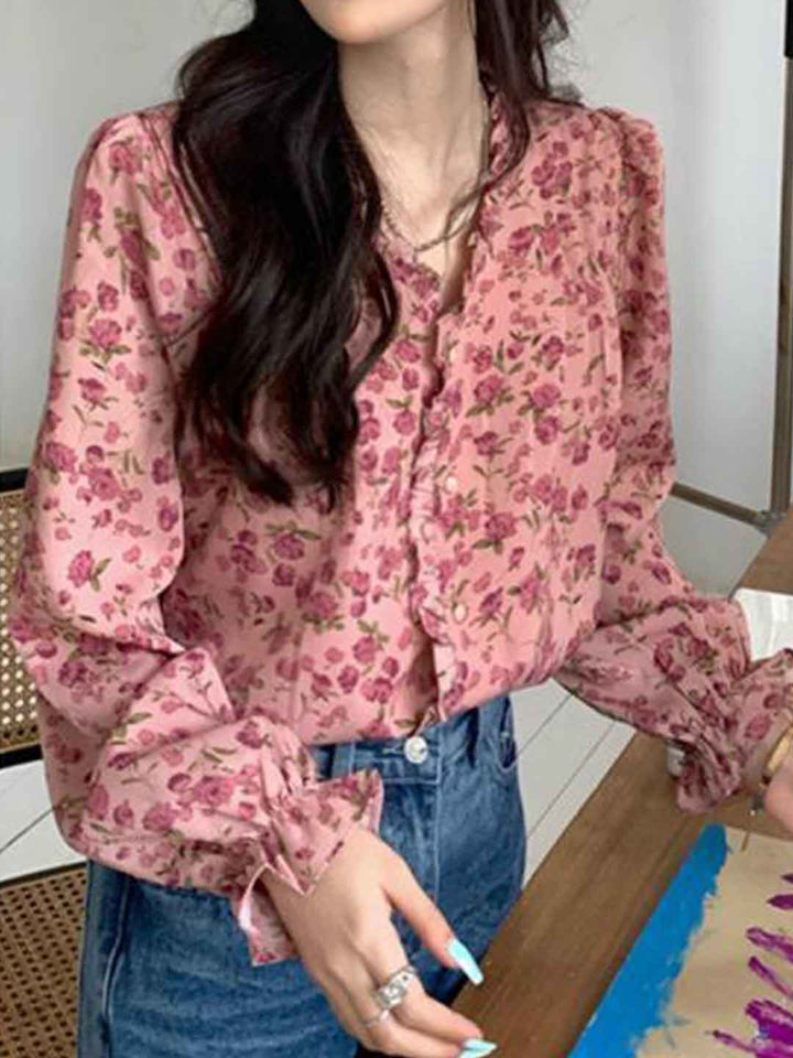 Nevaeh Retro V-Neck Ruffle Floral Blouse