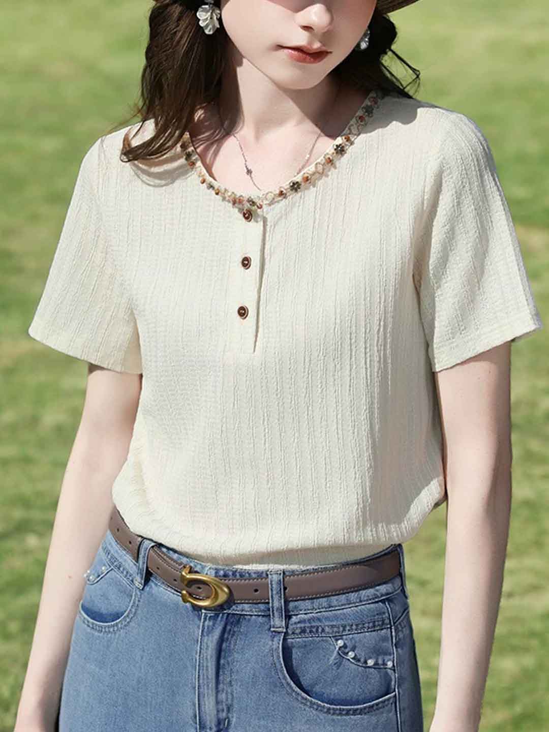 Brianna Slim Crew Neck Textured Top