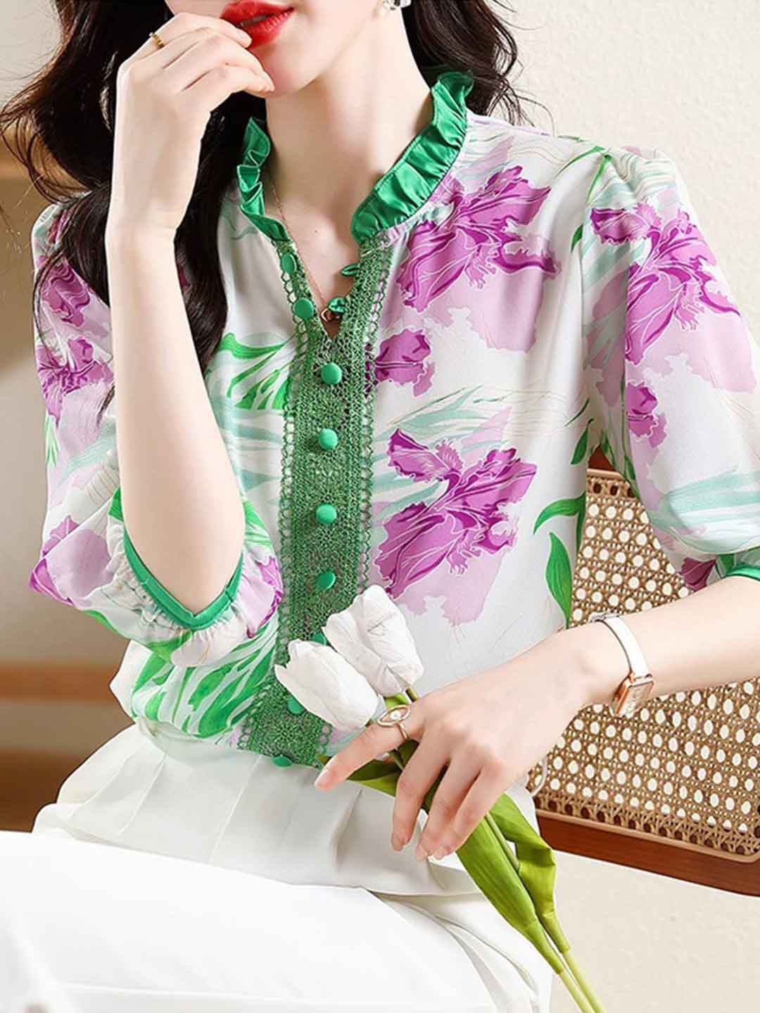 Ava Loose V-Neck Floral Chiffon Blouse