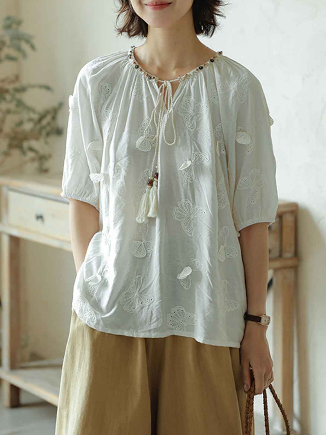 Sophie Elegant V-Neck Butterfly Embroidered Top