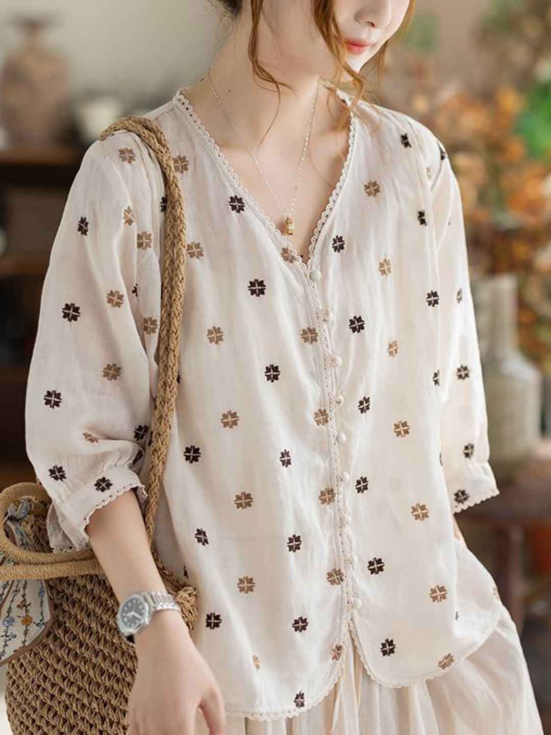 Alexis Loose V-Neck Embroidered Patchwork Blouse