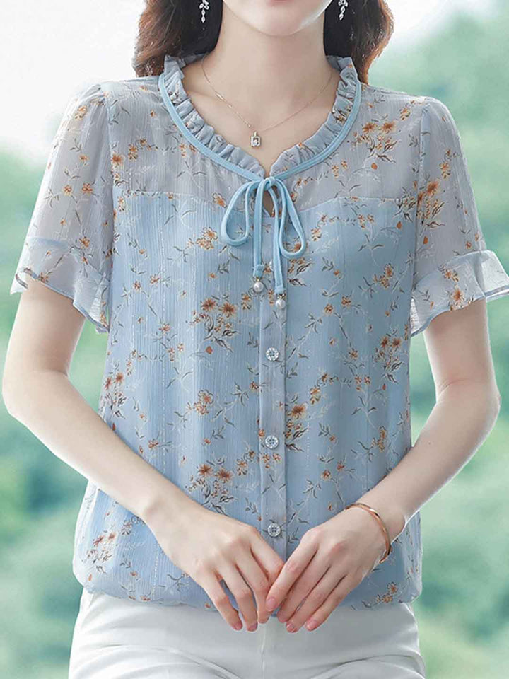 Serenity Loose V-Neck Printed Chiffon Top