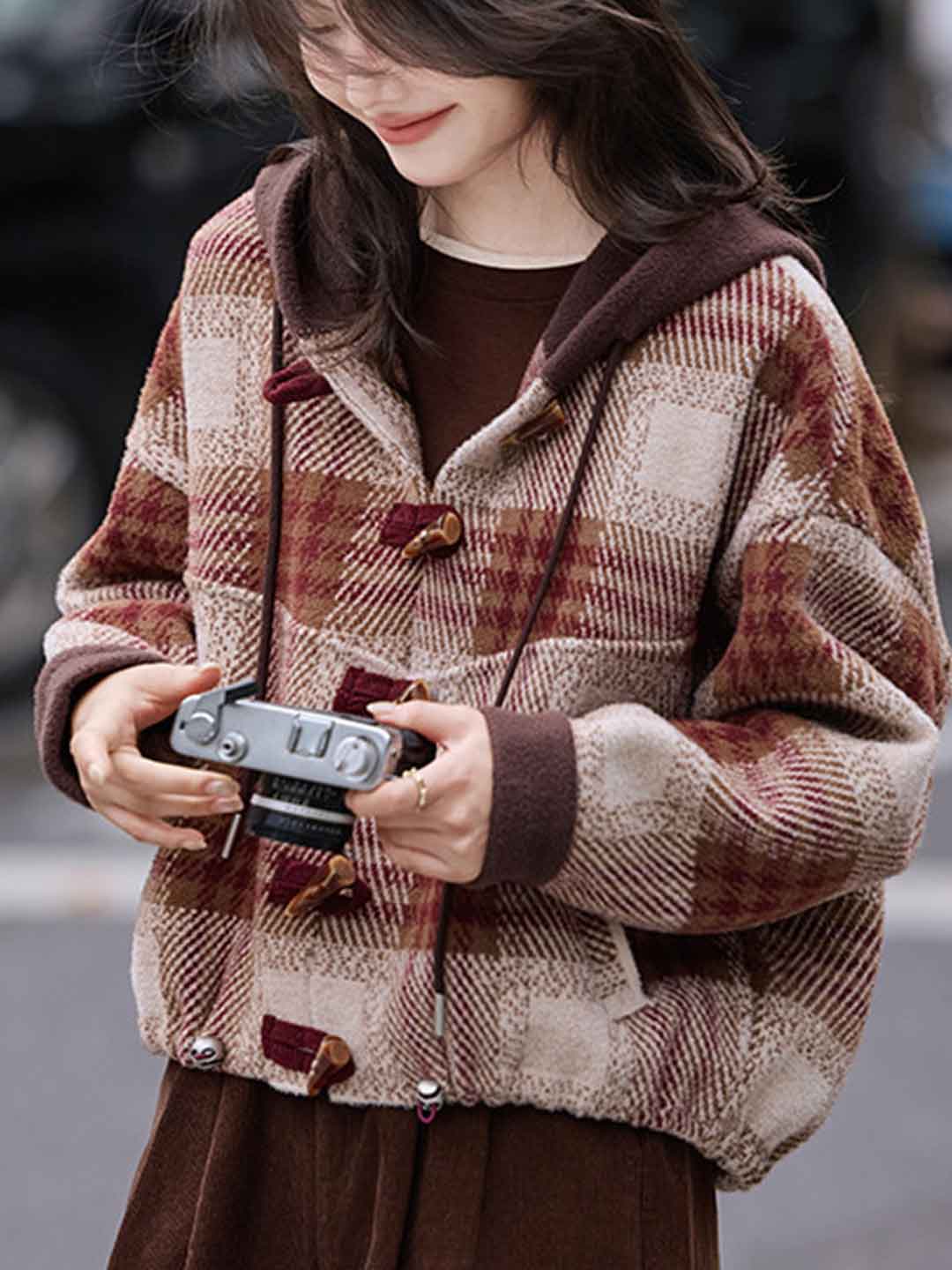 Brianna Casual Color-Blocked Plaid Hooded Top