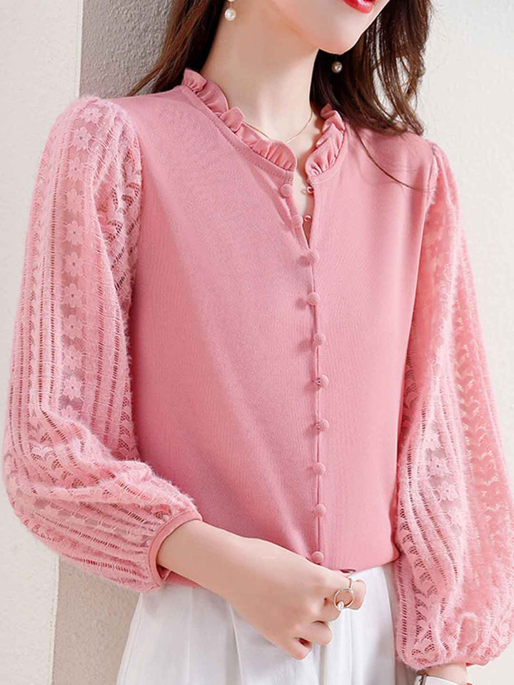 Arianna Loose Ruffle Collar Lantern Sleeve Lace Top
