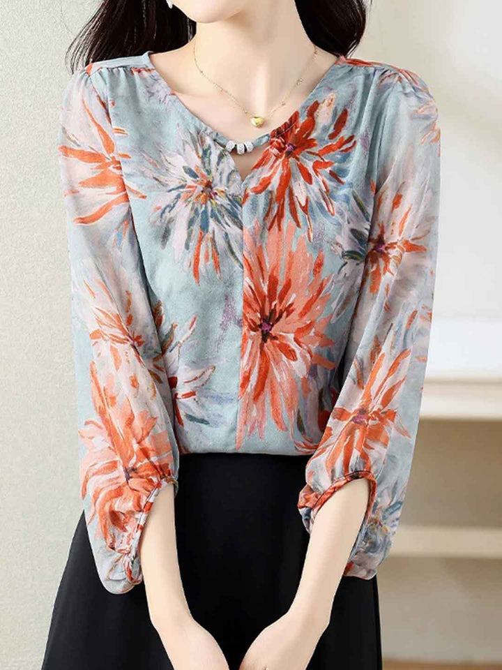Ella Daily V-Neck Chiffon Floral Printed Blouse