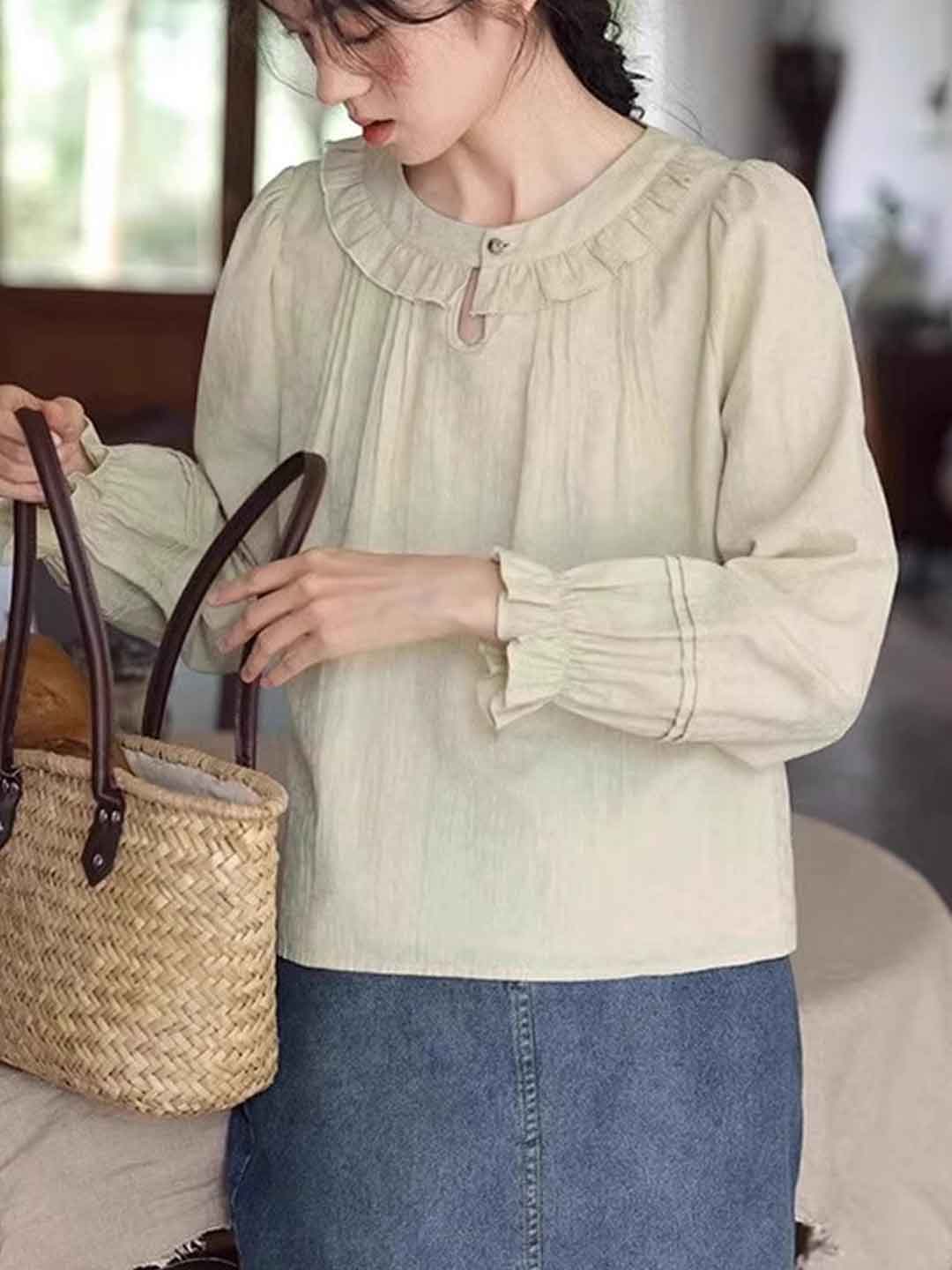 Olivia Retro Crew Neck Auricular Blouse