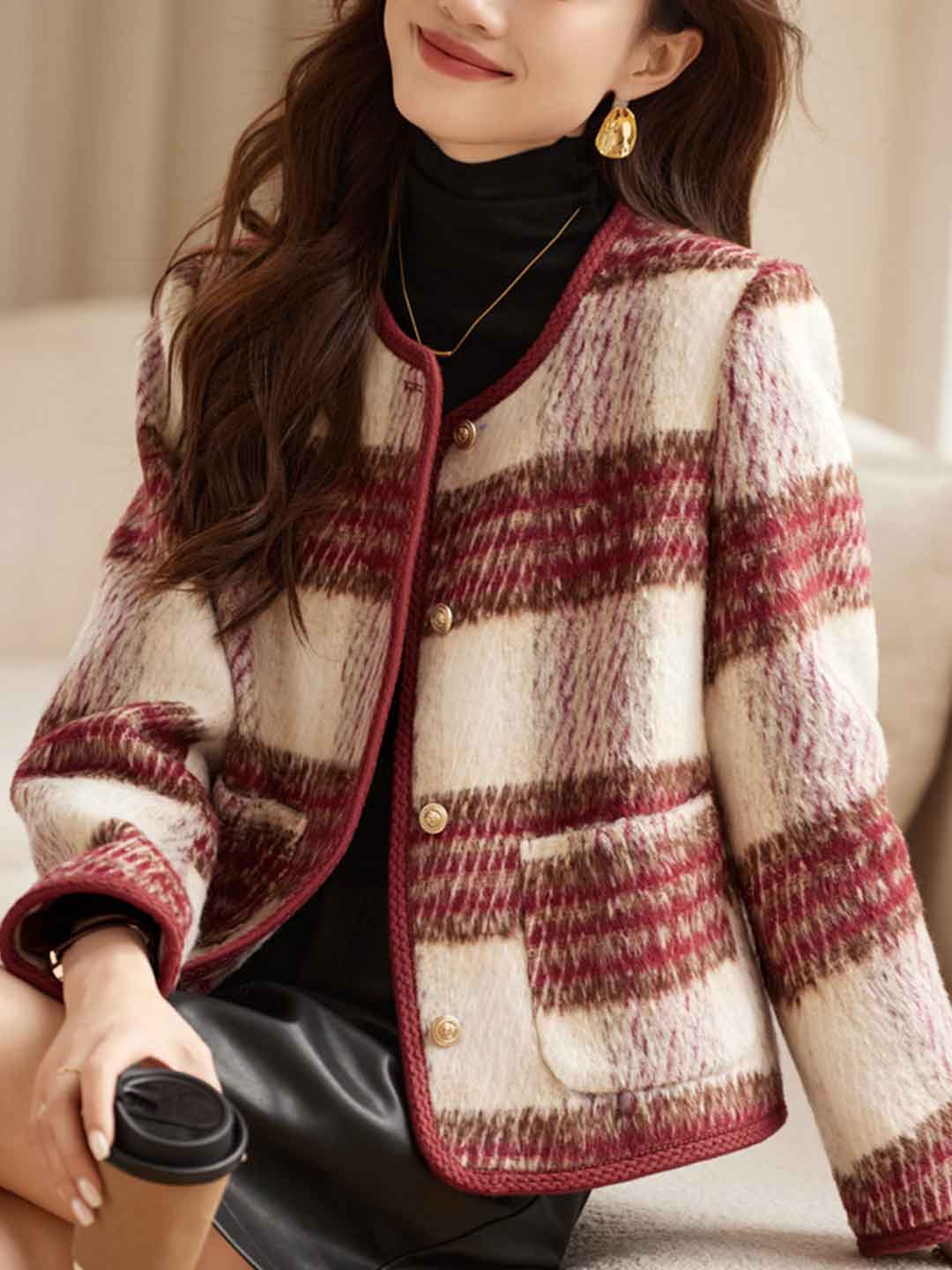 Lily Retro Crew Neck Plaid Tweed Coat
