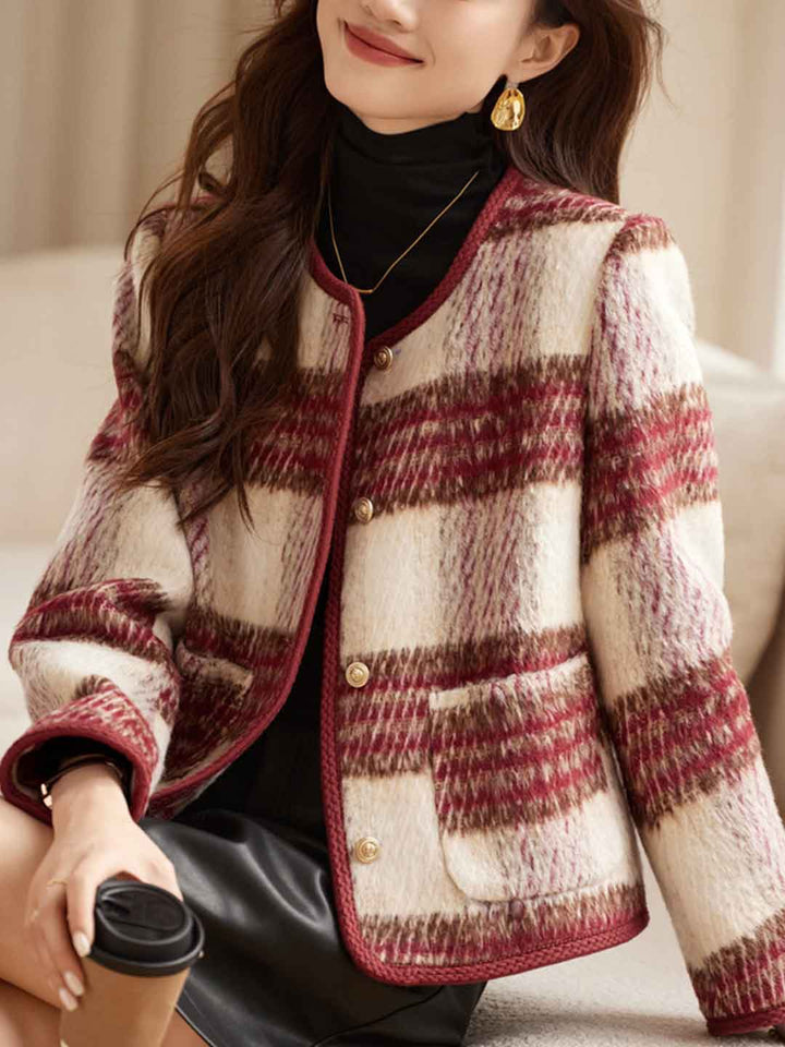 Lily Retro Crew Neck Plaid Tweed Coat