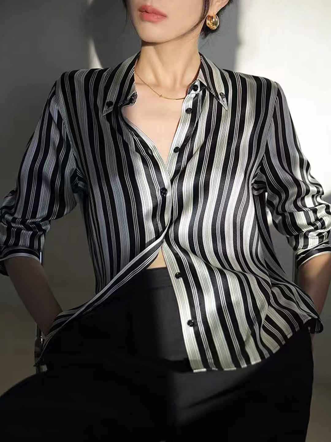 Olivia Loose Lapel Striped Satin Shirt