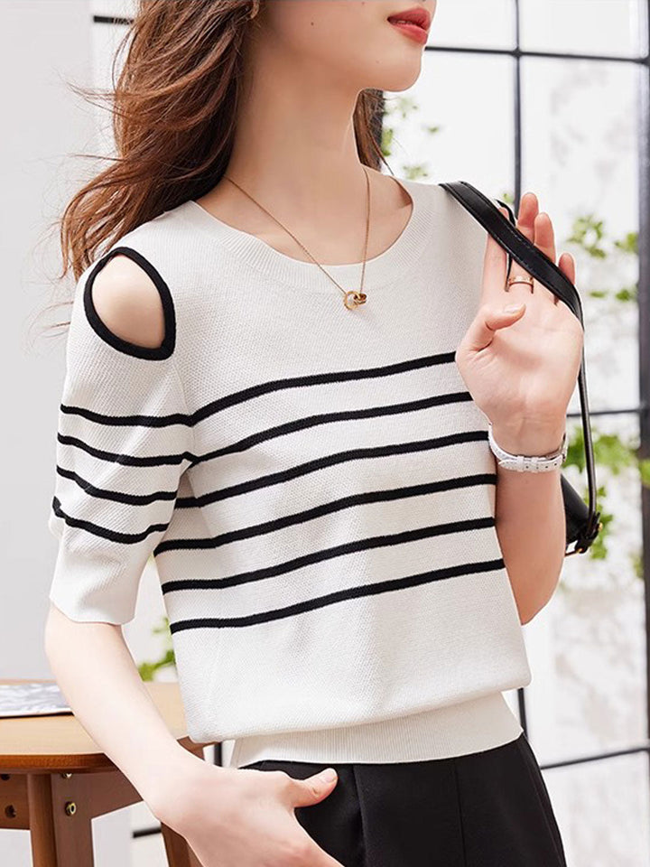 Lauren Casual Off-The-Shoulder Striped Knitted Top