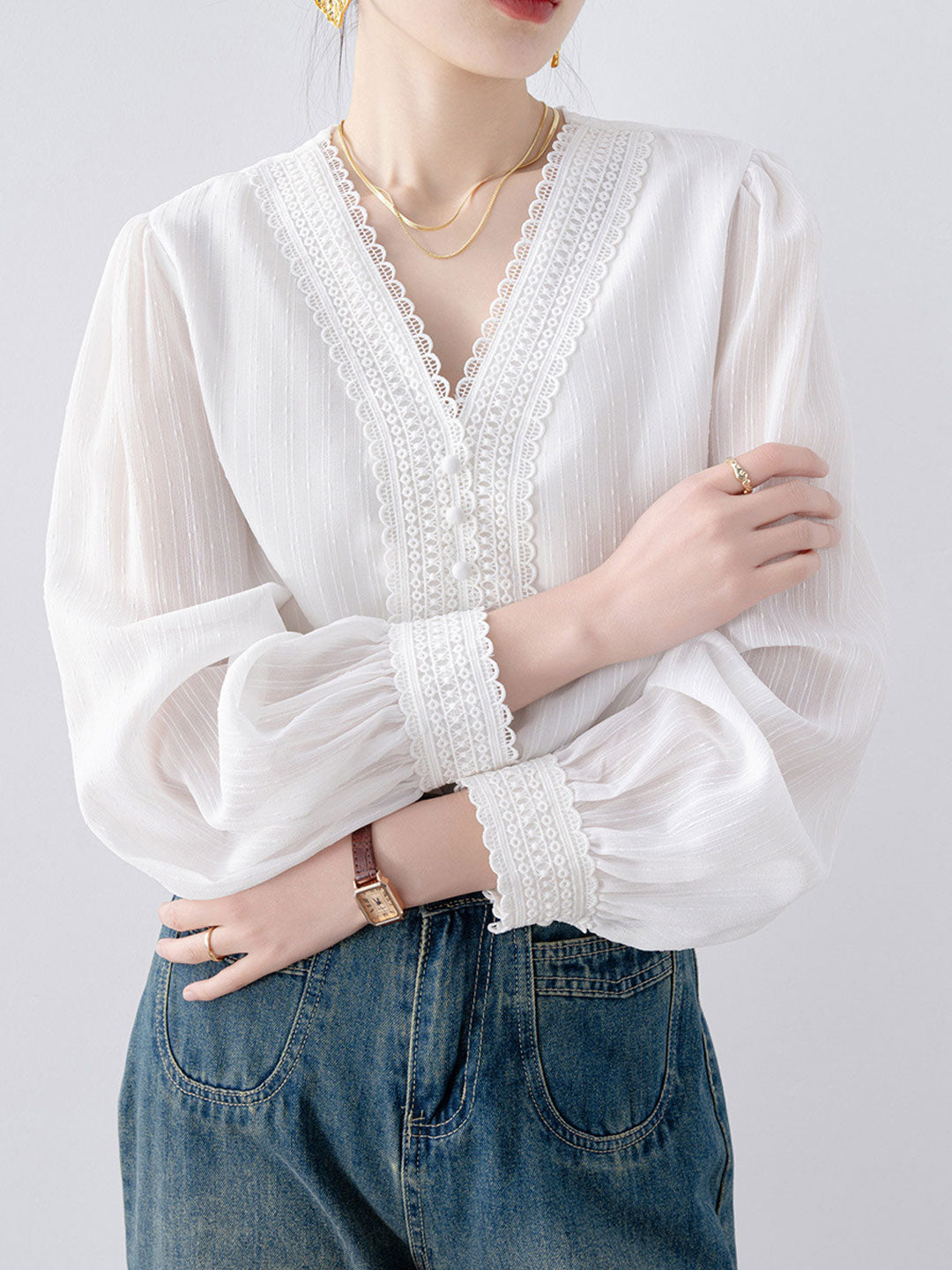 Natalie Retro V-Neck Lace Hollowed Blouse