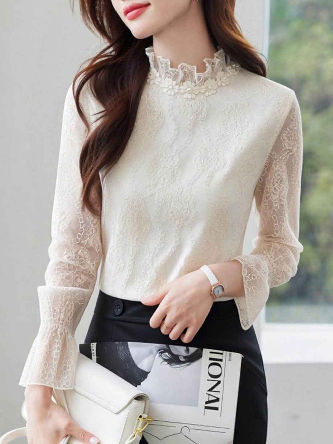 Ella Elegant Auricular Collar Lace Chiffon Top