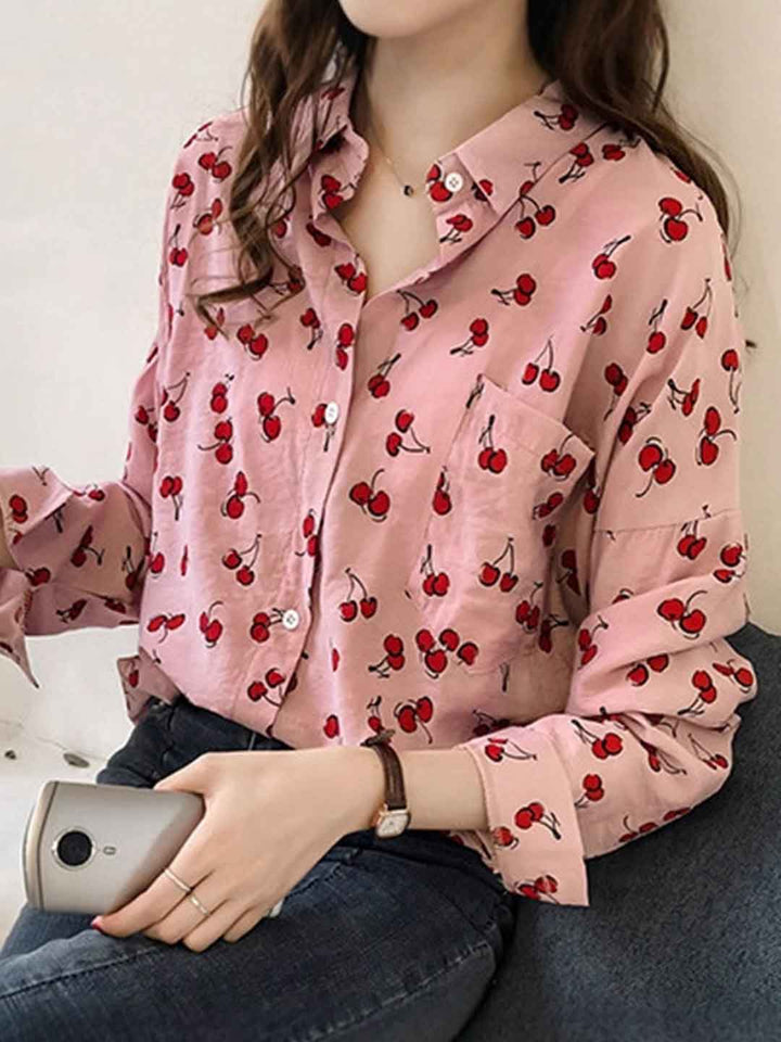 Natalie Classic Lapel Cherry Printed Shirt