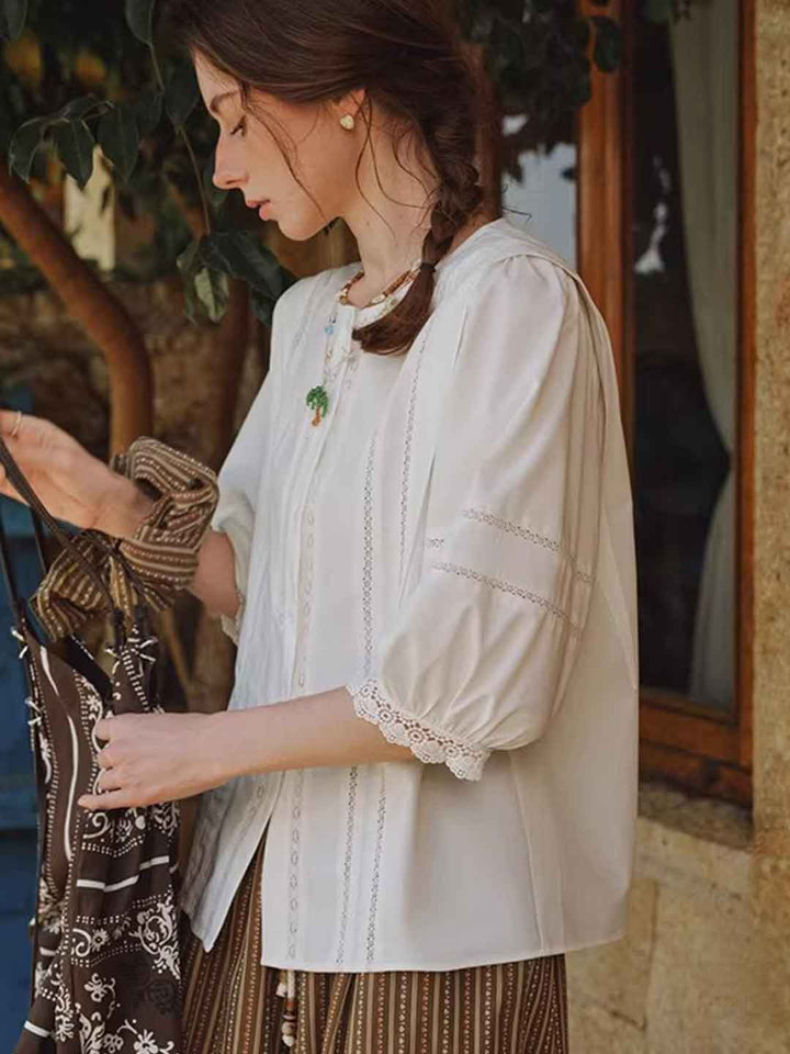 Riley Classic Crew Neck Lantern Sleeve Hollowed Lace Top