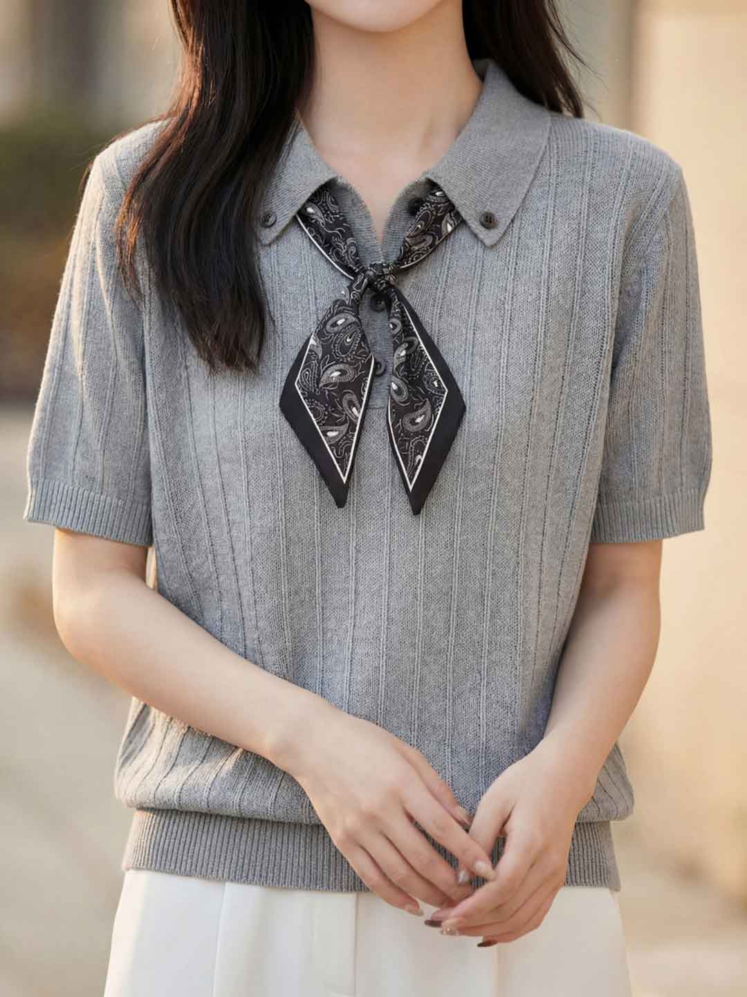 Mia Daily Lapel Solid Color Bow Knitted Top