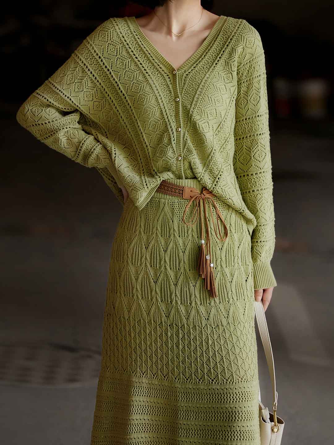 Ella Spring Hollowed Knitted Cardigan and Skirt Set