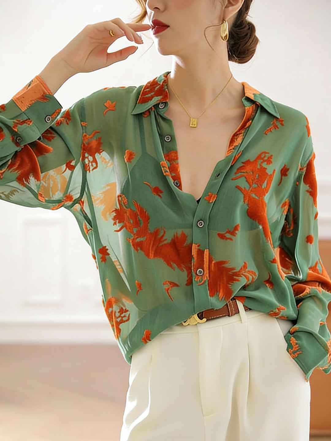 Camila Classic Lapel Jacquard Chiffon Shirt