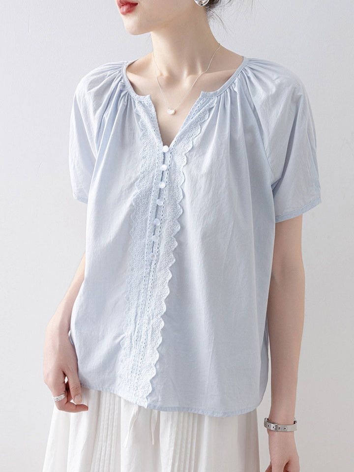 Leah Loose V-Neck Puff Sleeve Lace Blouse