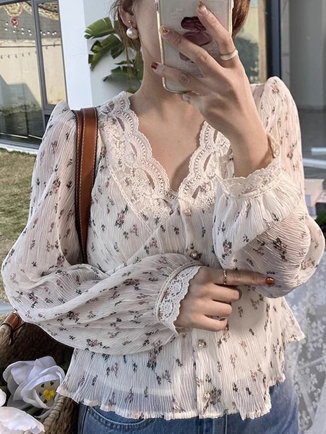 Lydia Retro V-Neck Lace Floral Chiffon Blouse