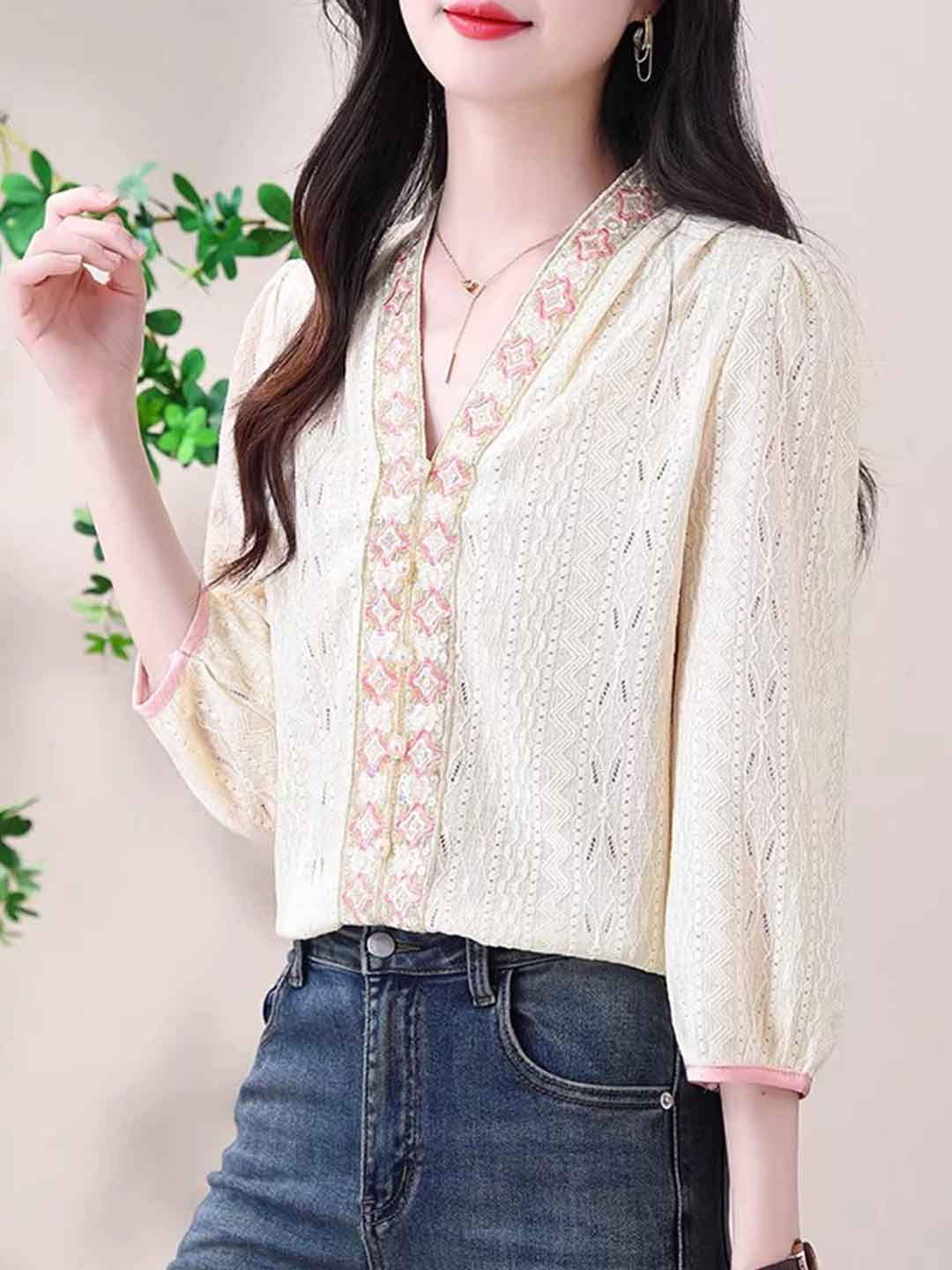 Evelyn Classic V-Neck Embroidered Blouse