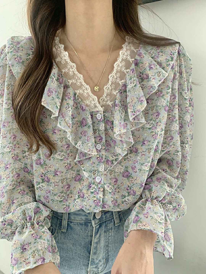 Lillian Loose V-Neck Ruffle Trim Chiffon Top