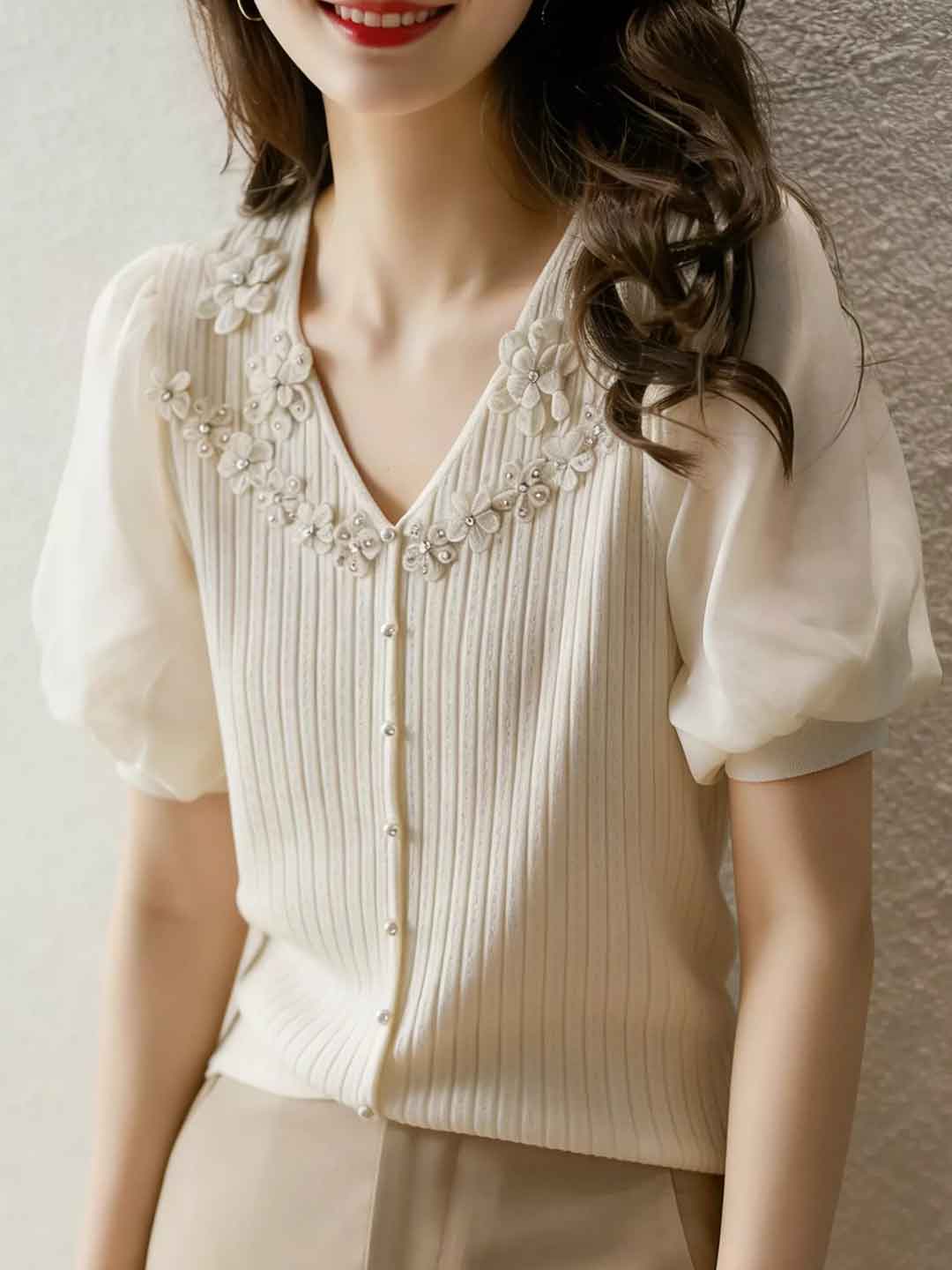 Gianna Elegant V-Neck Flower Chiffon Top